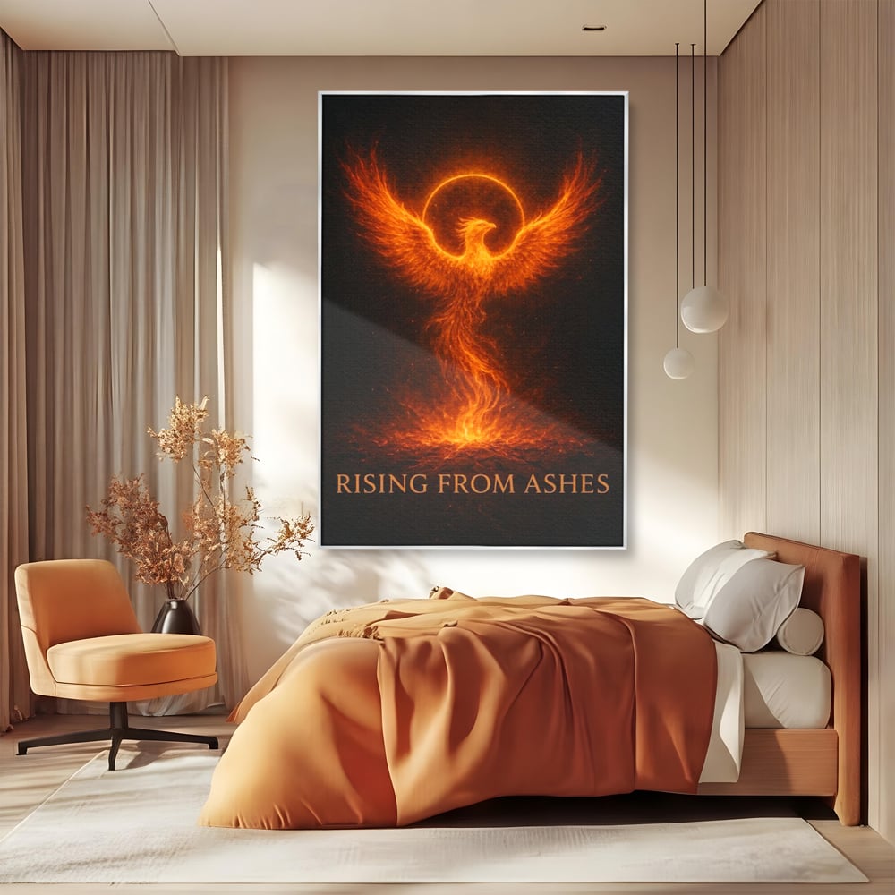 Tablou canvas cu ilustratie digitala cu pasarea phoenix din flacari, in rama de aluminiu argintiu, pe perete intr-un dormitor